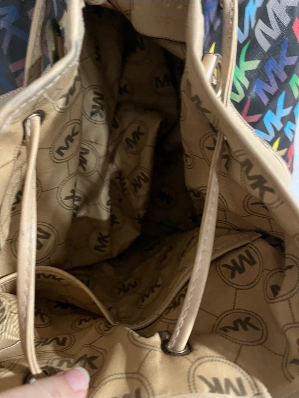 Michael Kors Black Multicolor MK Logo Tote with Cream Trim - Picture 3 of 4